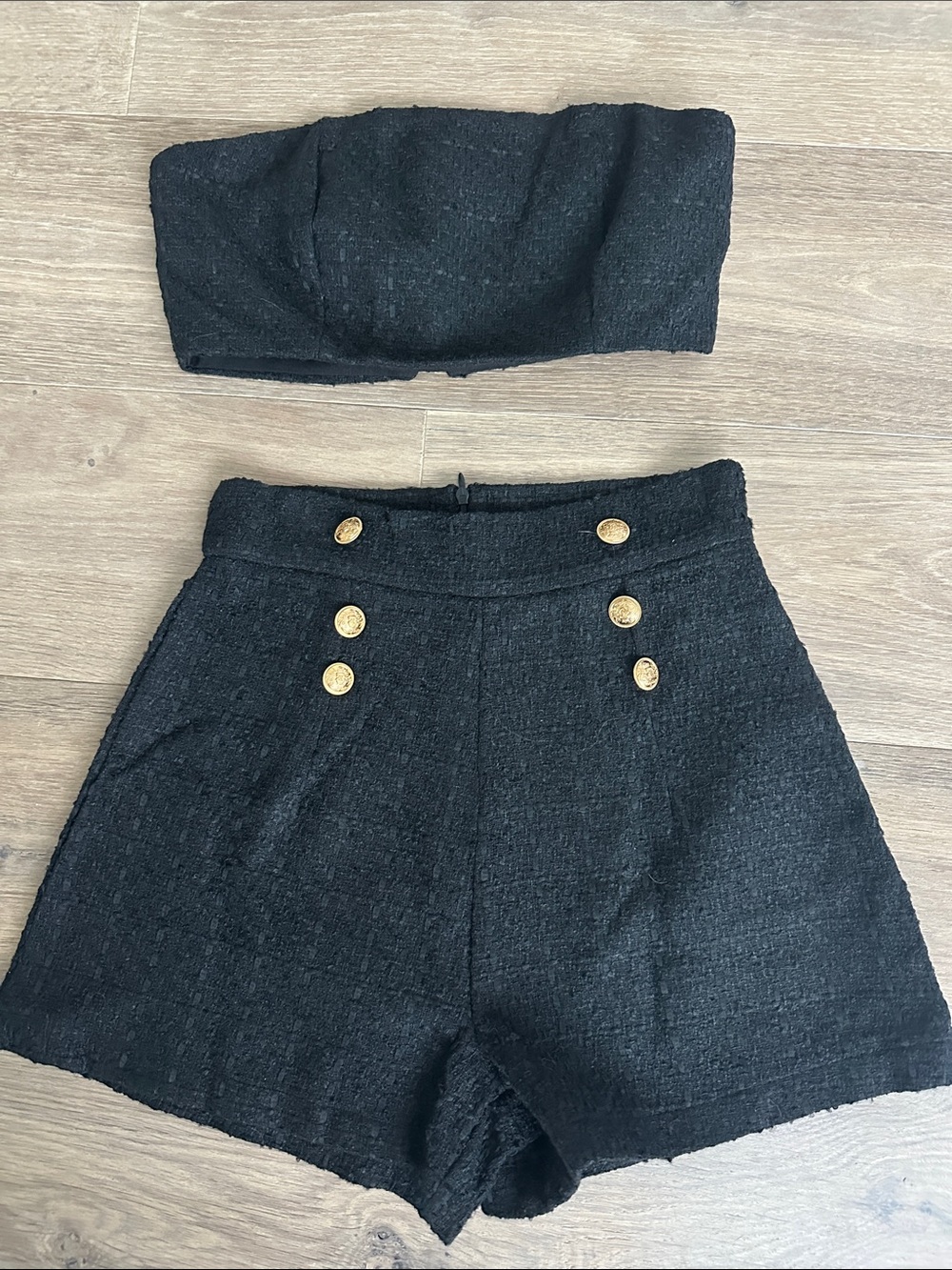 Gameday Black Tweed High-Waist Shorts with Gold Buttons
